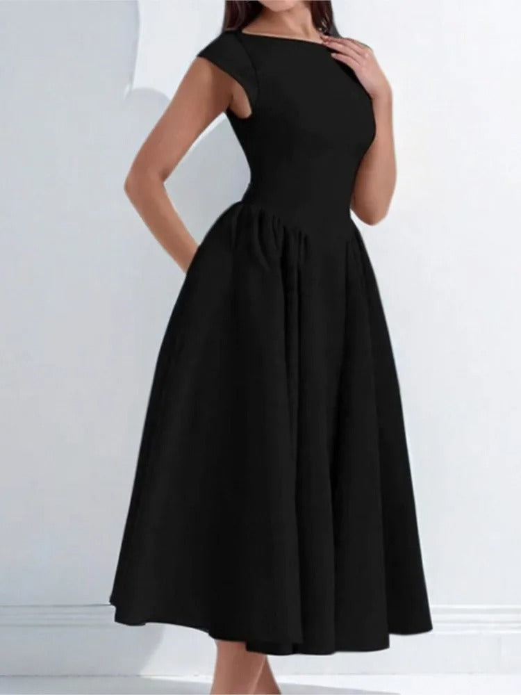 Emma | Women's Bateau Neck Cap Sleeve Satin Midi Dress