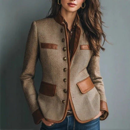 Amelia | Women's Tailored Tweed Faux-Leather Trim Button-Front Blazer Jacket