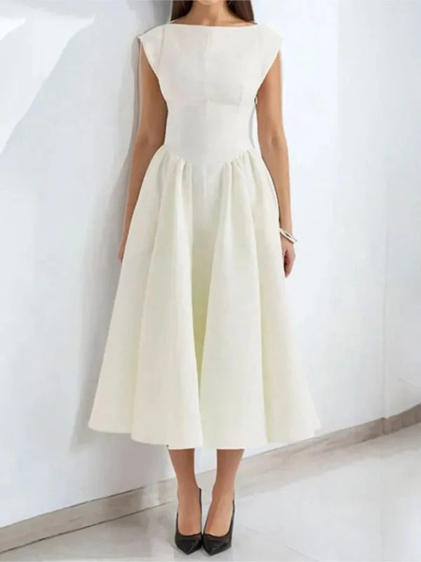 Emma | Women's Bateau Neck Cap Sleeve Satin Midi Dress