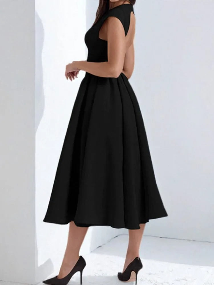 Emma | Women's Bateau Neck Cap Sleeve Satin Midi Dress