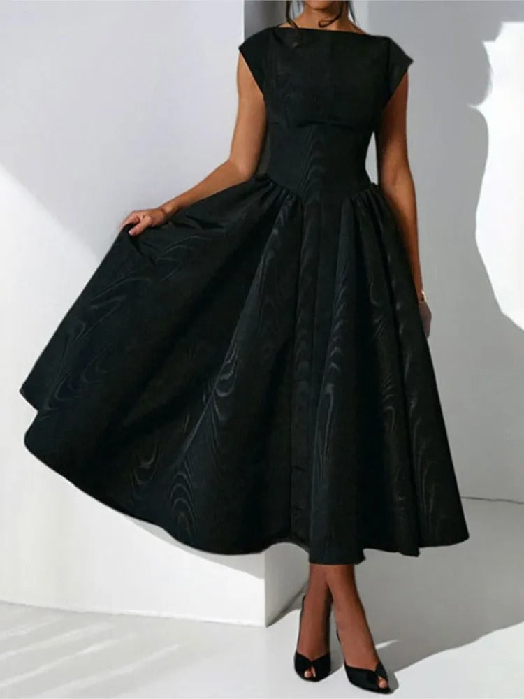 Emma | Women's Bateau Neck Cap Sleeve Satin Midi Dress