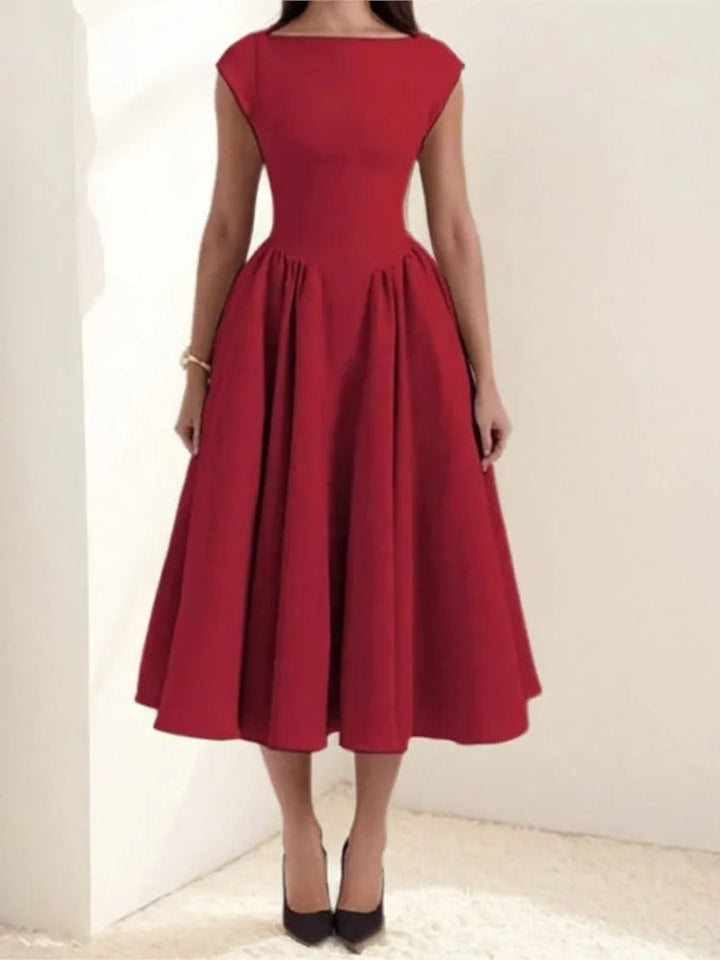 Emma | Women's Bateau Neck Cap Sleeve Satin Midi Dress