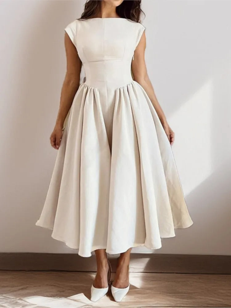 Emma | Women's Bateau Neck Cap Sleeve Satin Midi Dress