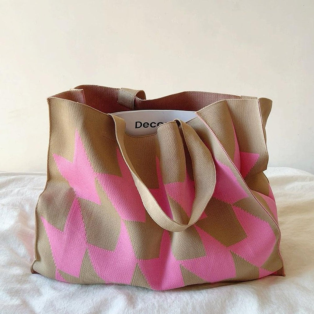 Graphic Print Oversized Canvas Tote Bag Beige Pink - Rosa