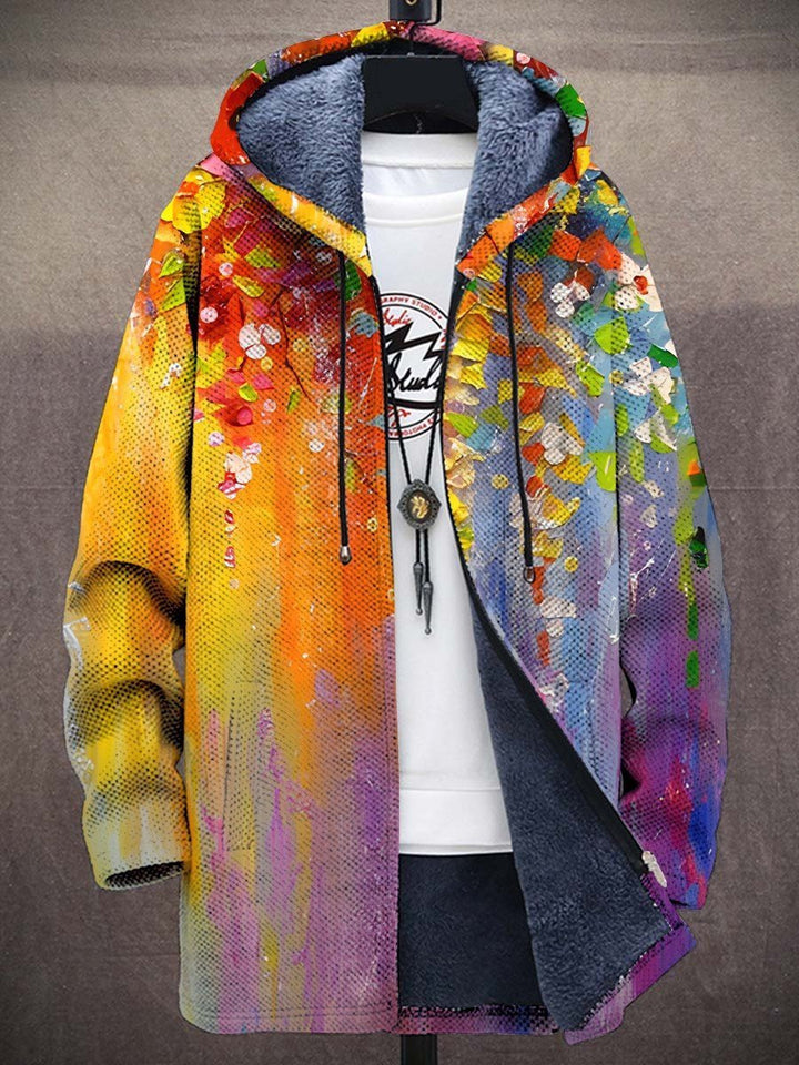 Men's Abstract Art Print Fleece-Lined Zip-Up Hooded Cardigan