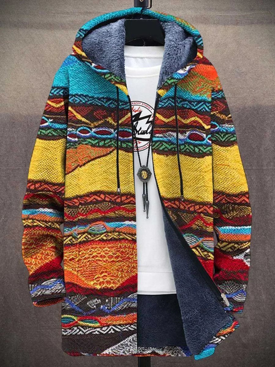 Men's Abstract Art Print Fleece-Lined Zip-Up Hooded Cardigan - Retro