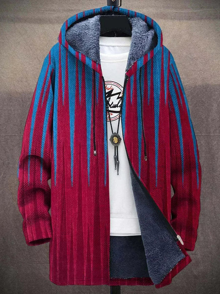 Men's Abstract Art Print Fleece-Lined Zip-Up Hooded Cardigan - Red