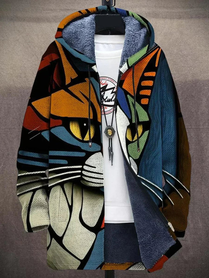 Men's Abstract Art Print Fleece-Lined Zip-Up Hooded Cardigan - Cat