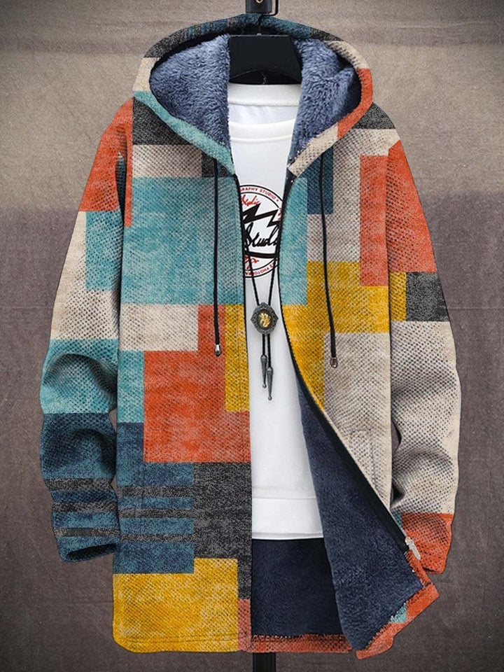 Men's Abstract Art Print Fleece-Lined Zip-Up Hooded Cardigan - Multicolor