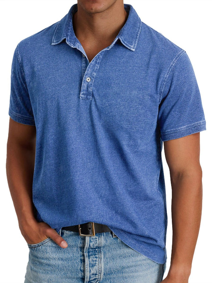 Men's Acid-Washed Short-Sleeve Collared Polo Shirt - Blue