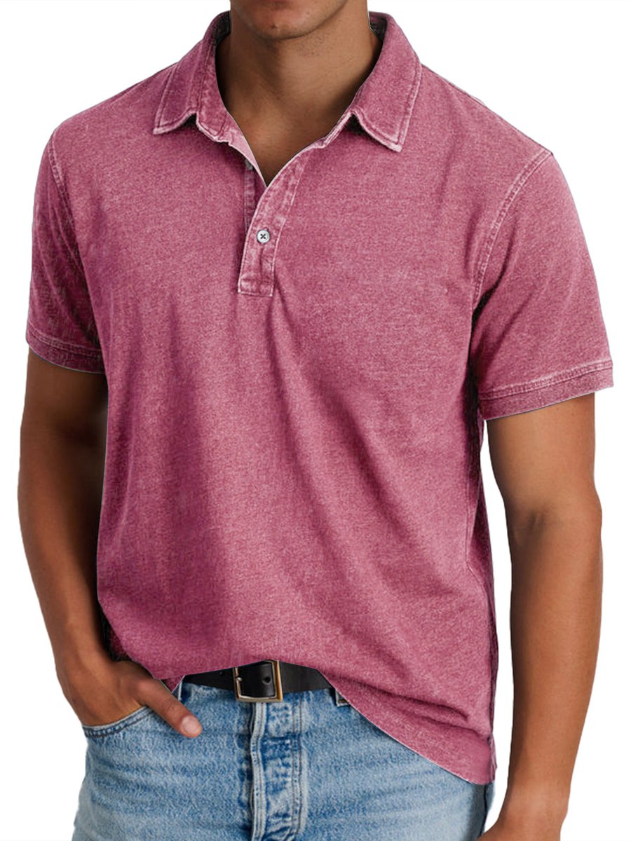Men's Acid-Washed Short-Sleeve Collared Polo Shirt - Pink