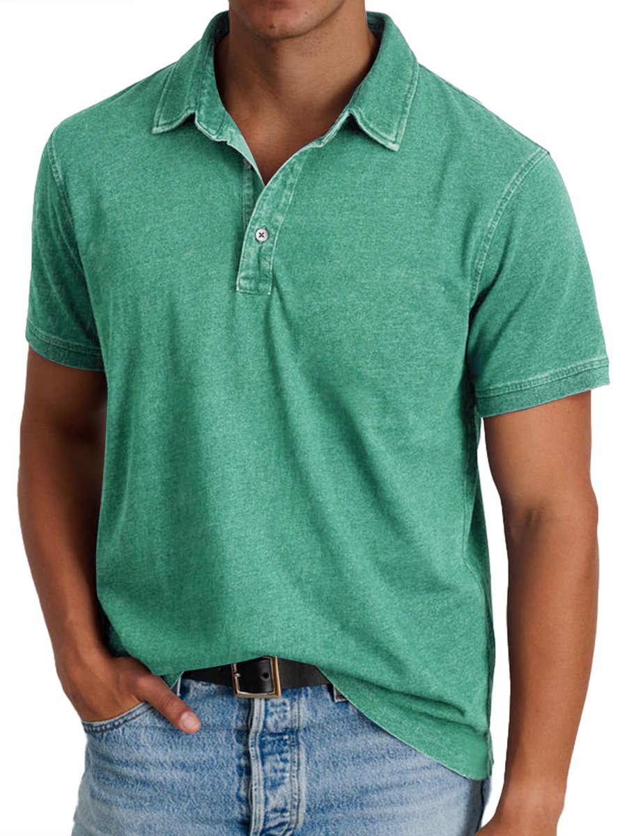 Men's Acid-Washed Short-Sleeve Collared Polo Shirt - Green