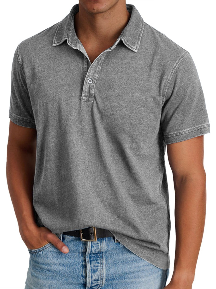 Men's Acid-Washed Short-Sleeve Collared Polo Shirt - Gray