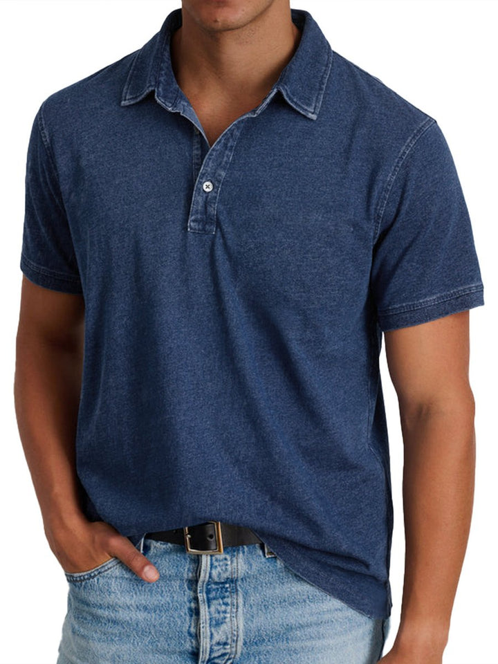 Men's Acid-Washed Short-Sleeve Collared Polo Shirt - Navy Blue