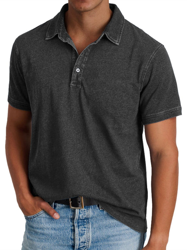 Men's Acid-Washed Short-Sleeve Collared Polo Shirt - Black