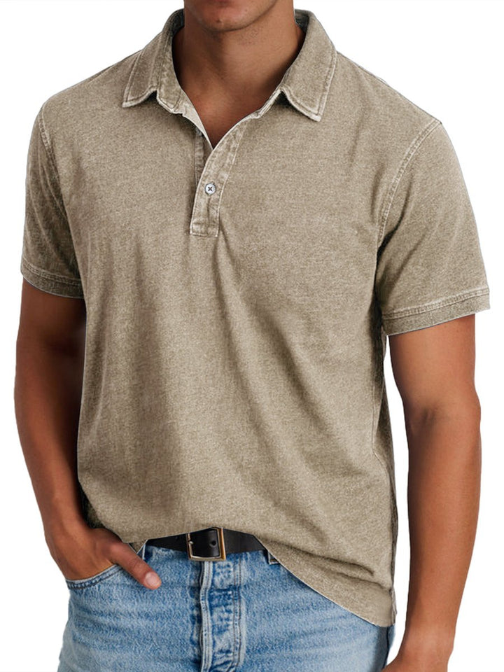 Men's Acid-Washed Short-Sleeve Collared Polo Shirt - Khaki