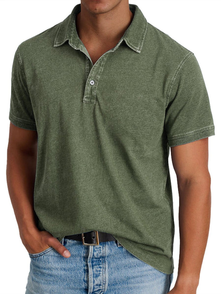 Men's Acid-Washed Short-Sleeve Collared Polo Shirt - Army Green