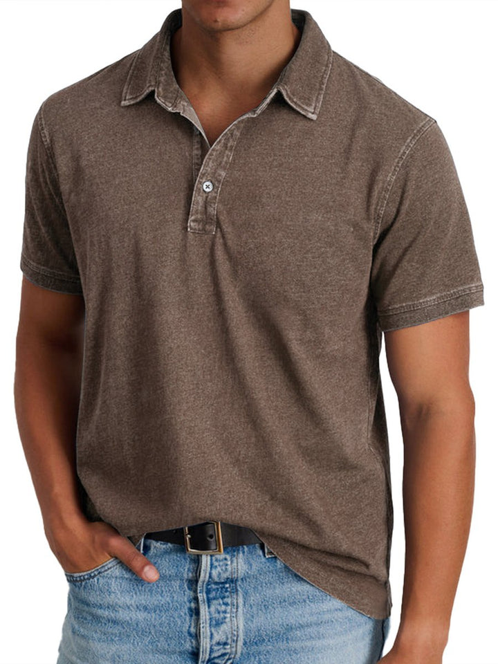 Men's Acid-Washed Short-Sleeve Collared Polo Shirt - Brown