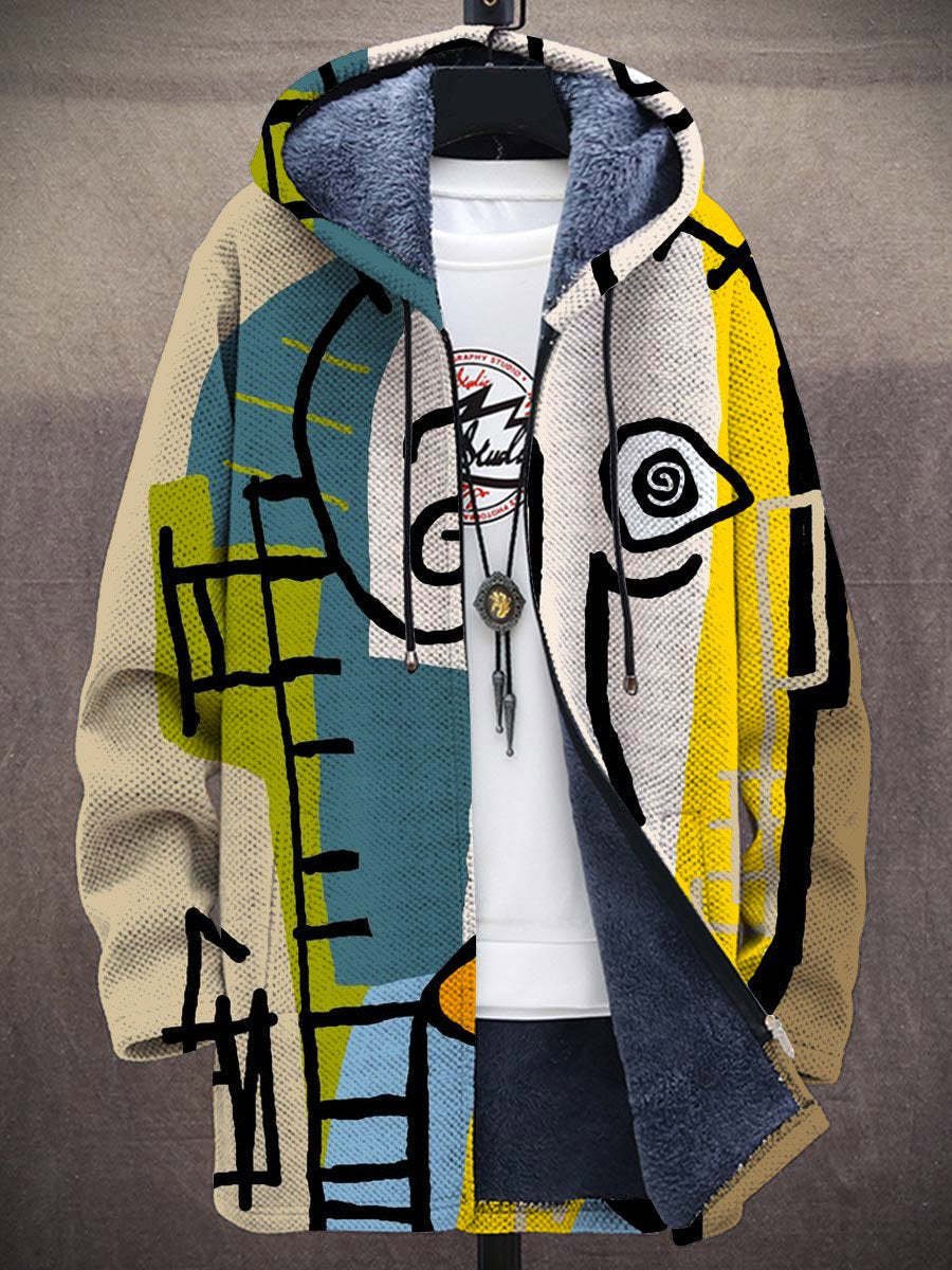 Men's Artistic Print Fleece-Lined Zip-Up Hooded Cardigan - Multicolor