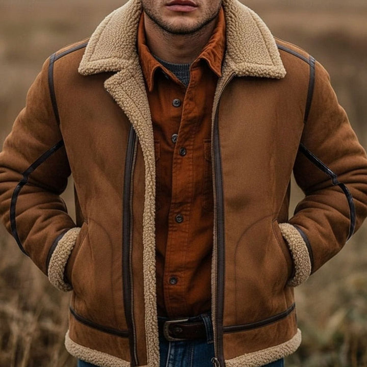 Men's Bomber Jacket Sherpa-Lined Suede Aviator Coat - Brown