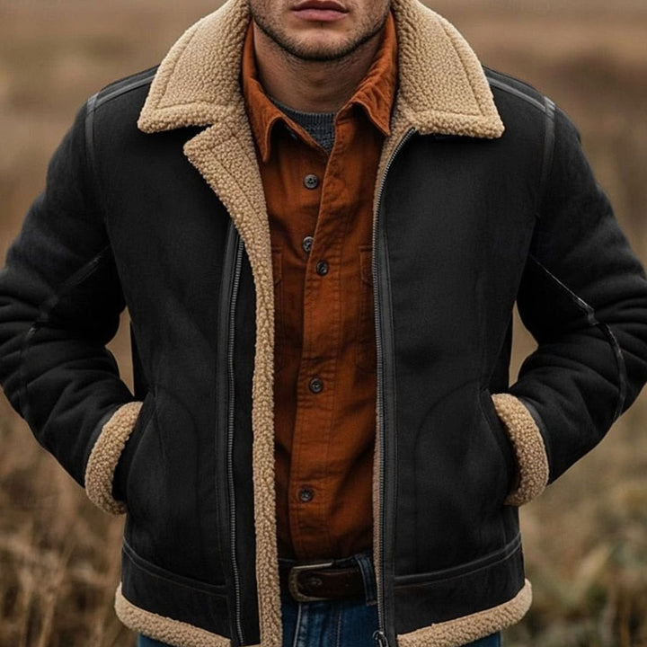 Men's Bomber Jacket Sherpa-Lined Suede Aviator Coat - Black