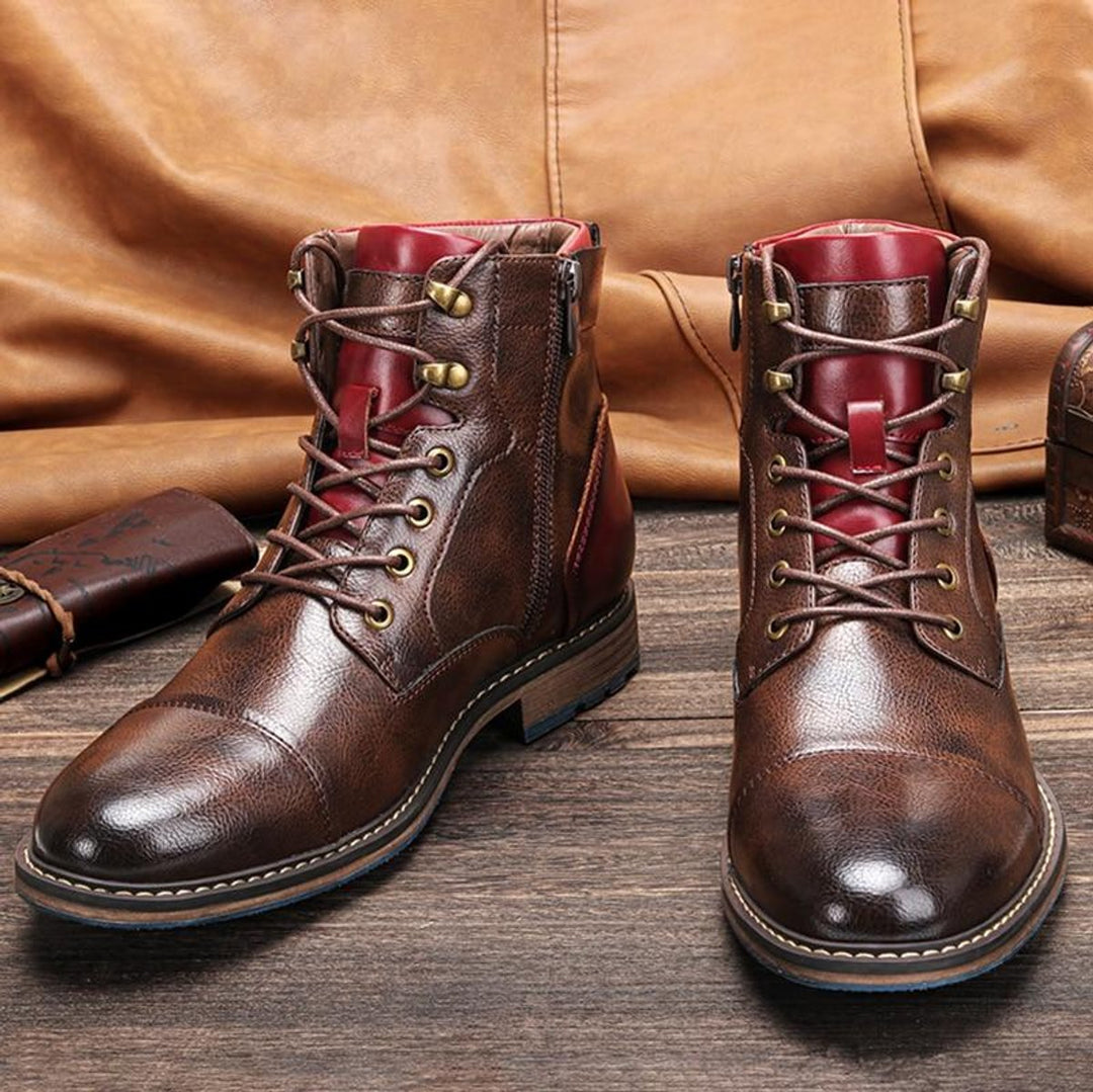 Men's Boots Leather Cap-Toe Lace-Up Side-Zip Oxford Ankle Boots