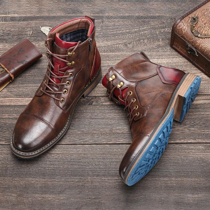 Men's Boots Leather Cap-Toe Lace-Up Side-Zip Oxford Ankle Boots