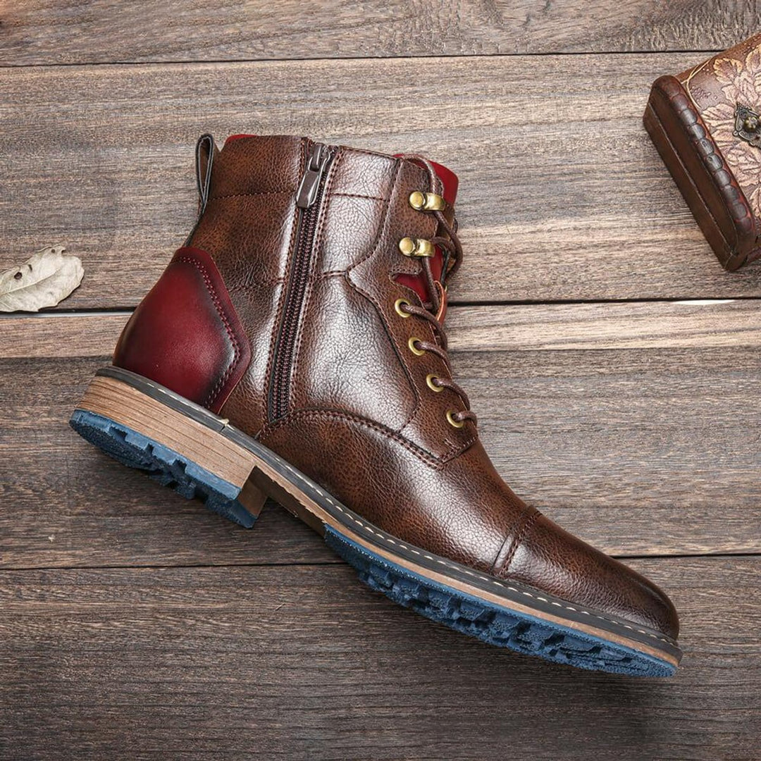 Men's Boots Leather Cap-Toe Lace-Up Side-Zip Oxford Ankle Boots