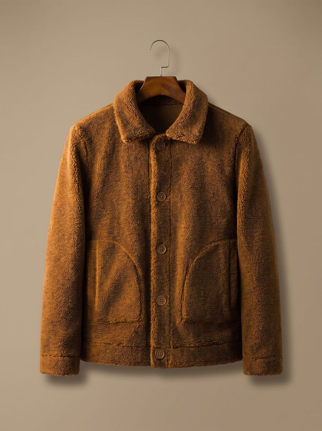 Men's Button-Front Sherpa Fleece Winter Jacket - Camel