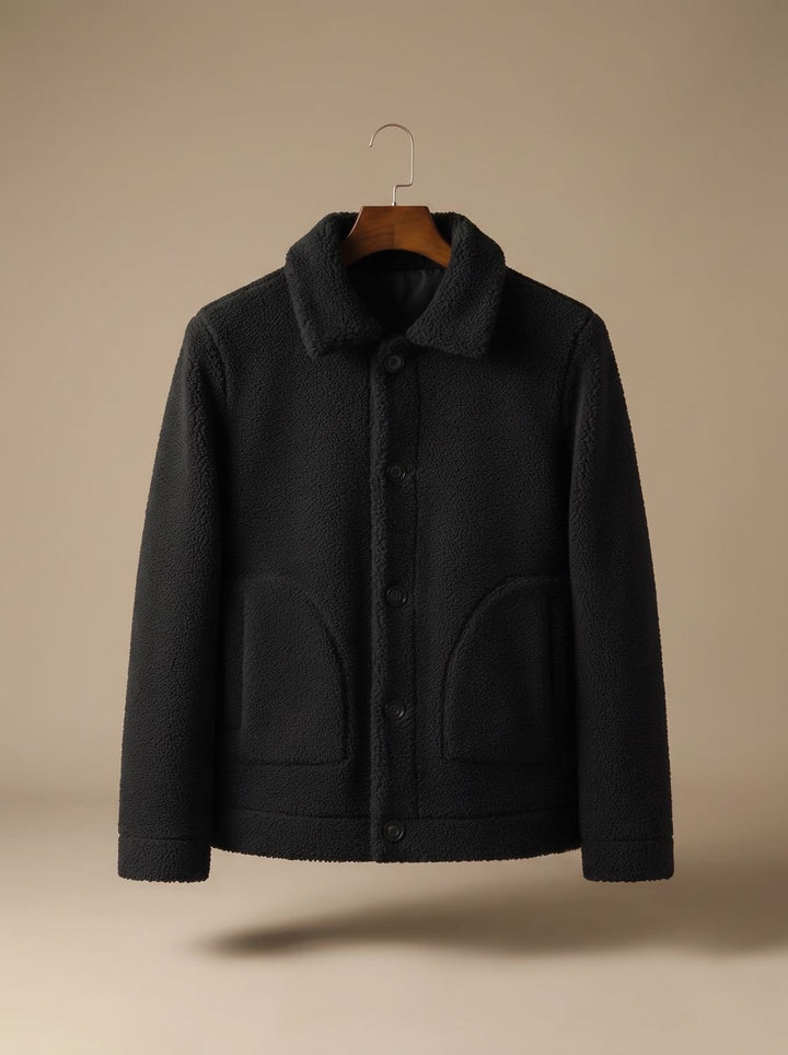 Men's Button-Front Sherpa Fleece Winter Jacket - Black
