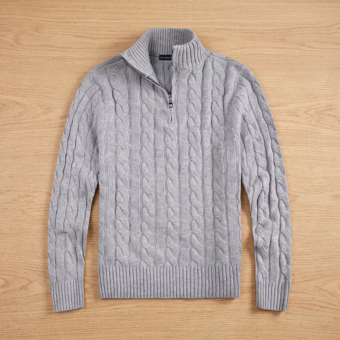 Men's Cable-Knit Cotton Half-Zip Pullover Sweater - Gray