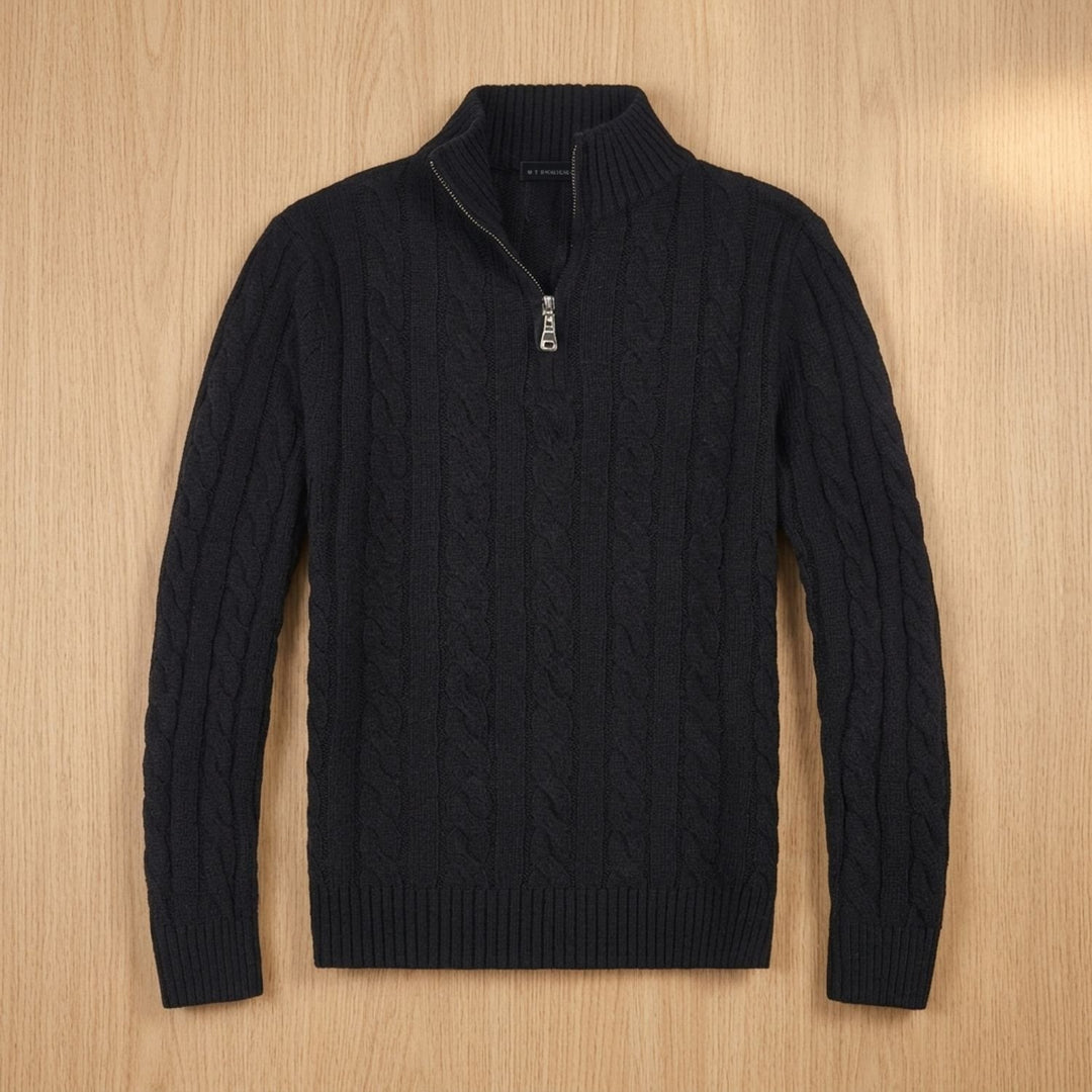 Men's Cable-Knit Cotton Half-Zip Pullover Sweater - Black