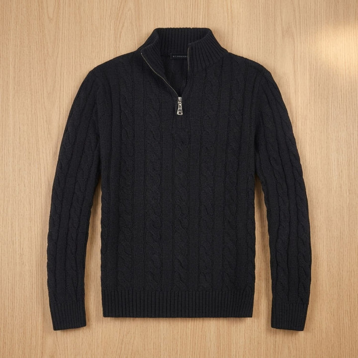 Men's Cable-Knit Cotton Half-Zip Pullover Sweater - Black
