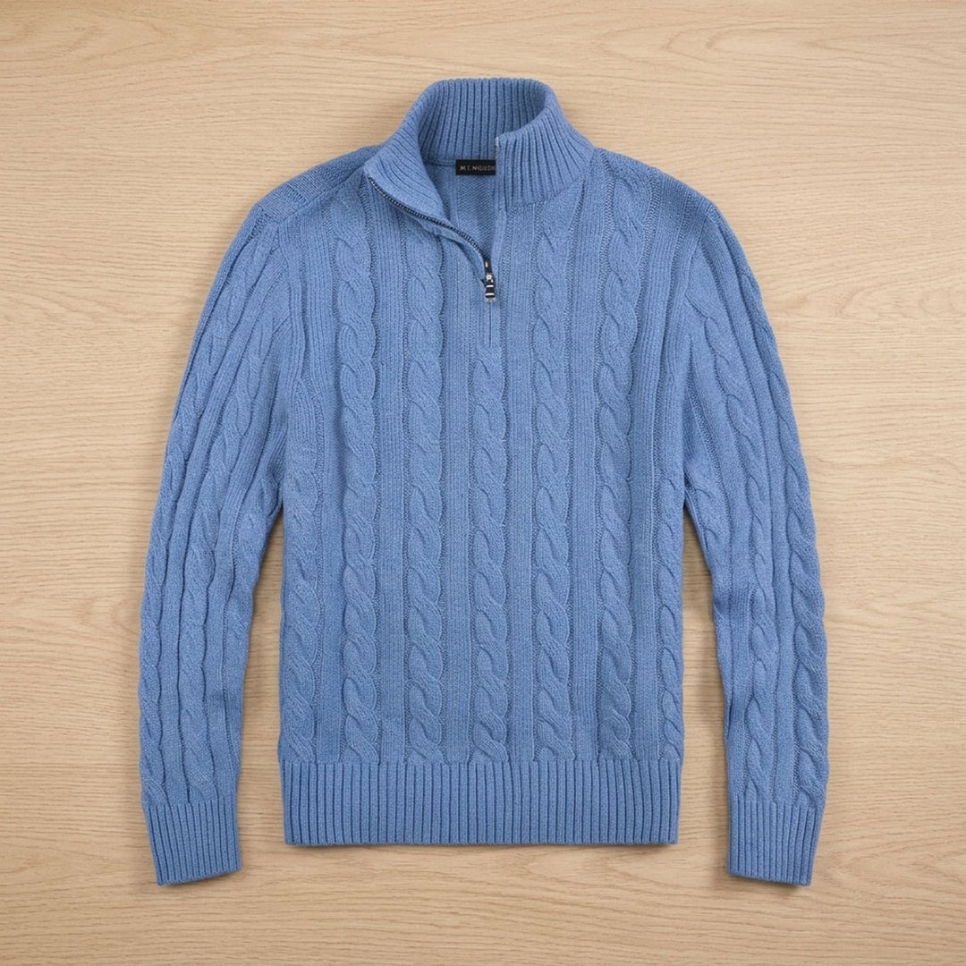 Men's Cable-Knit Cotton Half-Zip Pullover Sweater - Light Blue