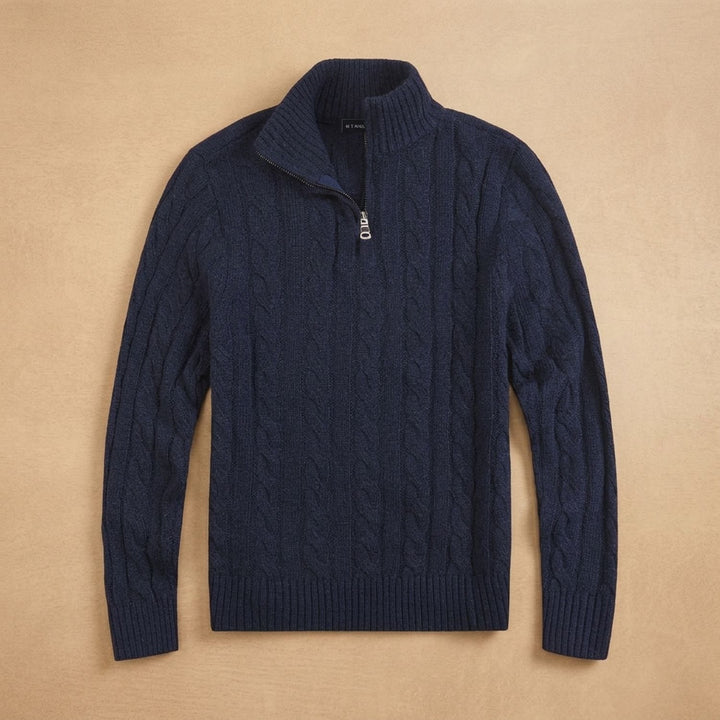 Men's Cable-Knit Cotton Half-Zip Pullover Sweater - Navy Blue