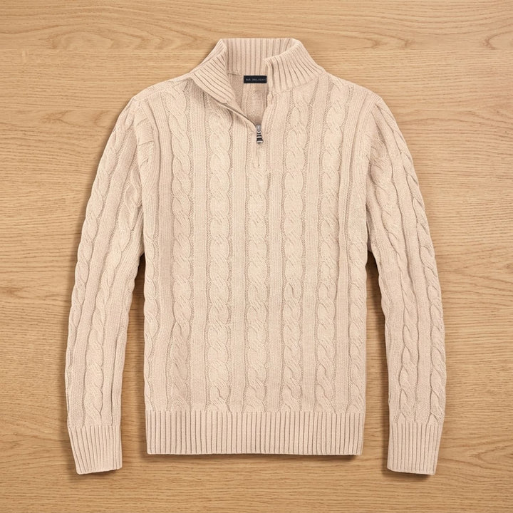 Men's Cable-Knit Cotton Half-Zip Pullover Sweater - Apricot