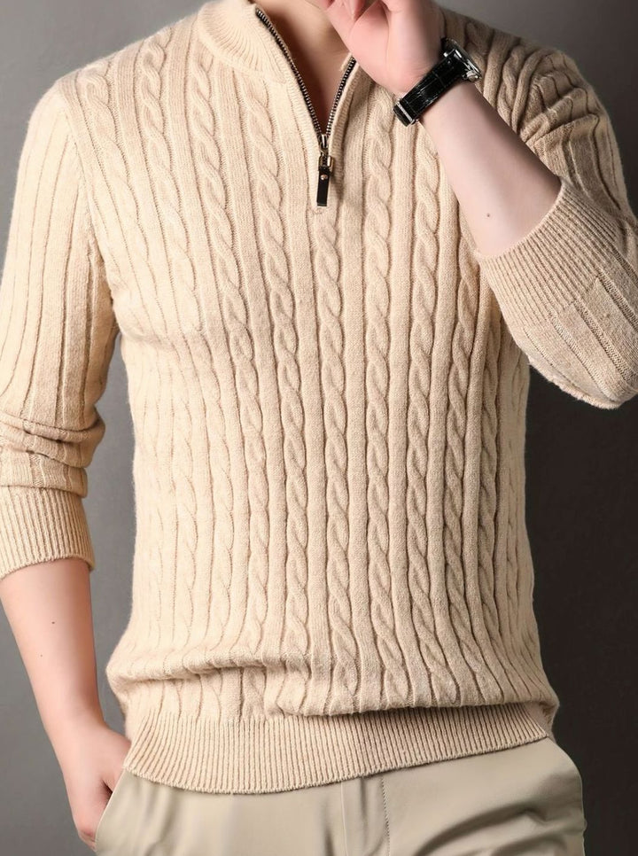 Men's Cable-Knit Half-Zip Warm Winter Sweater - Apricot