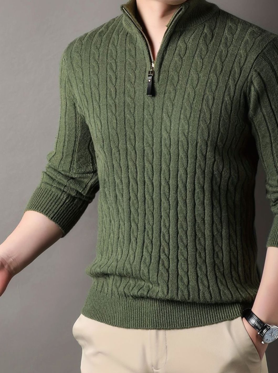 Men's Cable-Knit Half-Zip Warm Winter Sweater - Green