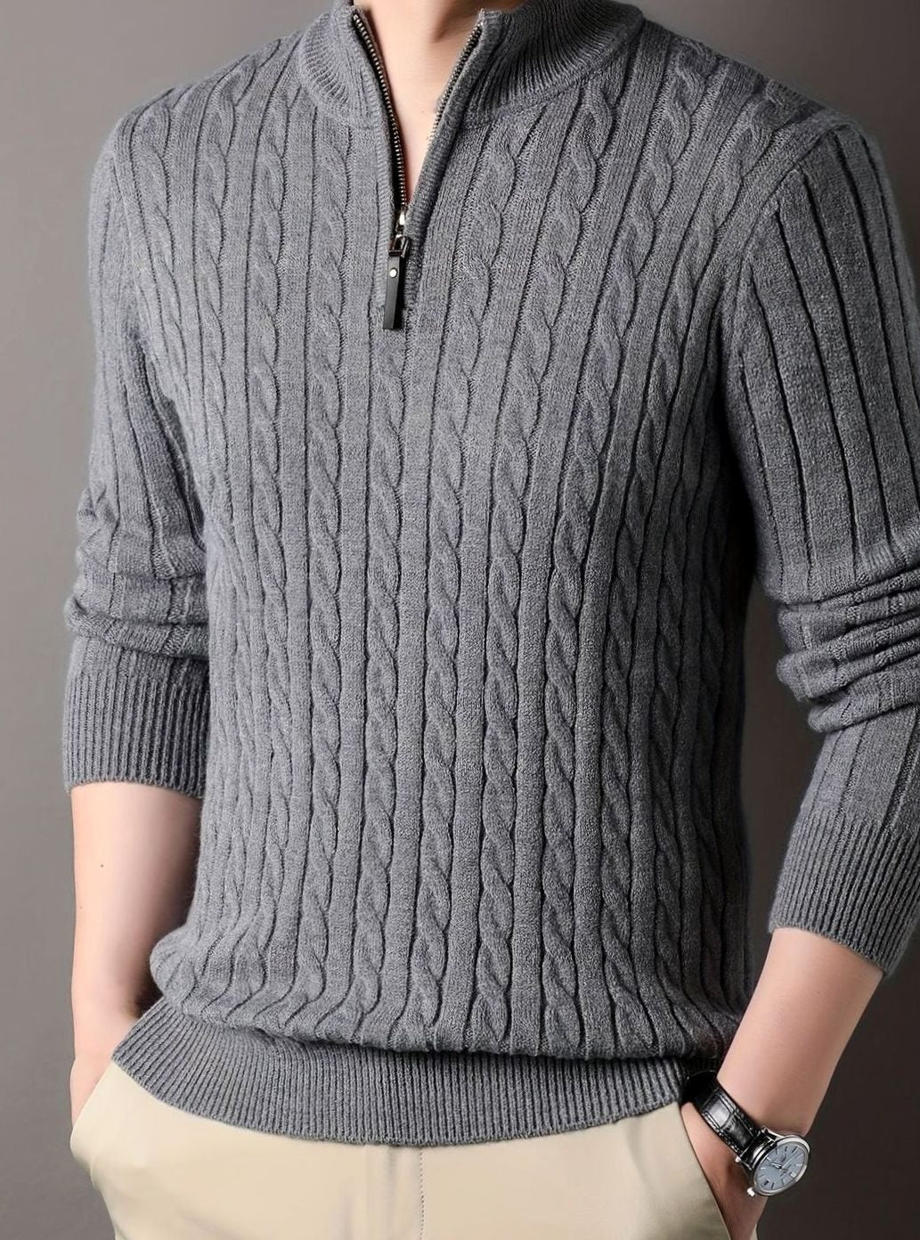 Men's Cable-Knit Half-Zip Warm Winter Sweater - Grey