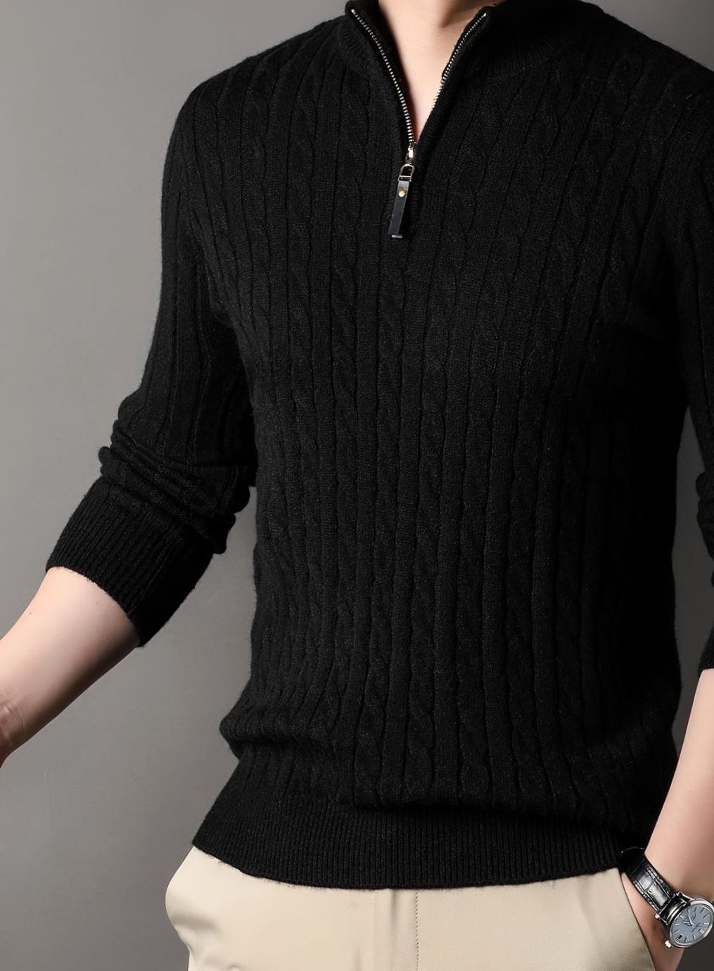 Men's Cable-Knit Half-Zip Warm Winter Sweater - Black