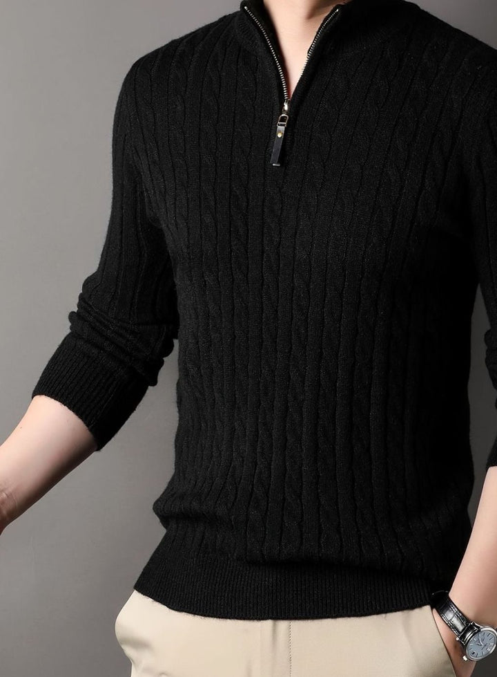 Men's Cable-Knit Half-Zip Warm Winter Sweater - Black