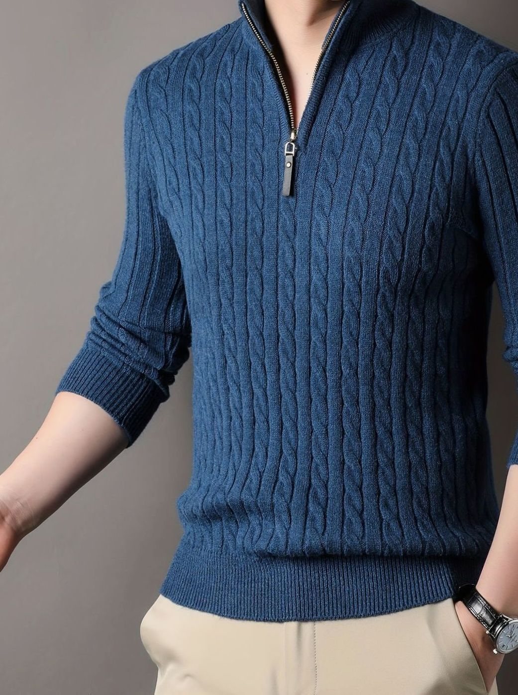 Men's Cable-Knit Half-Zip Warm Winter Sweater - Blue