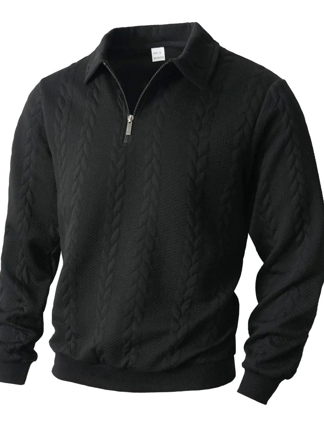 Men's Cable Knit Quarter-Zip Collared Pullover Sweater - Black
