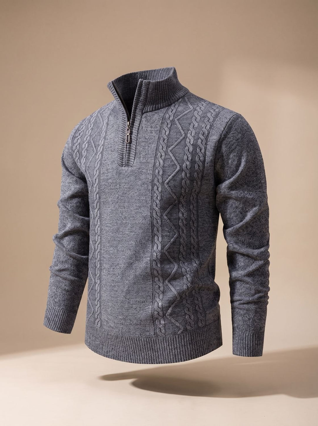 Men's Cable-Knit Quarter-Zip Stand-Collar Pullover Sweater
