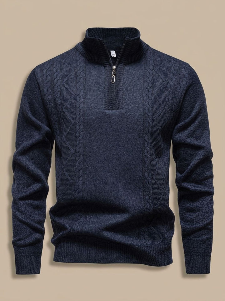 Men's Cable-Knit Quarter-Zip Stand-Collar Pullover Sweater