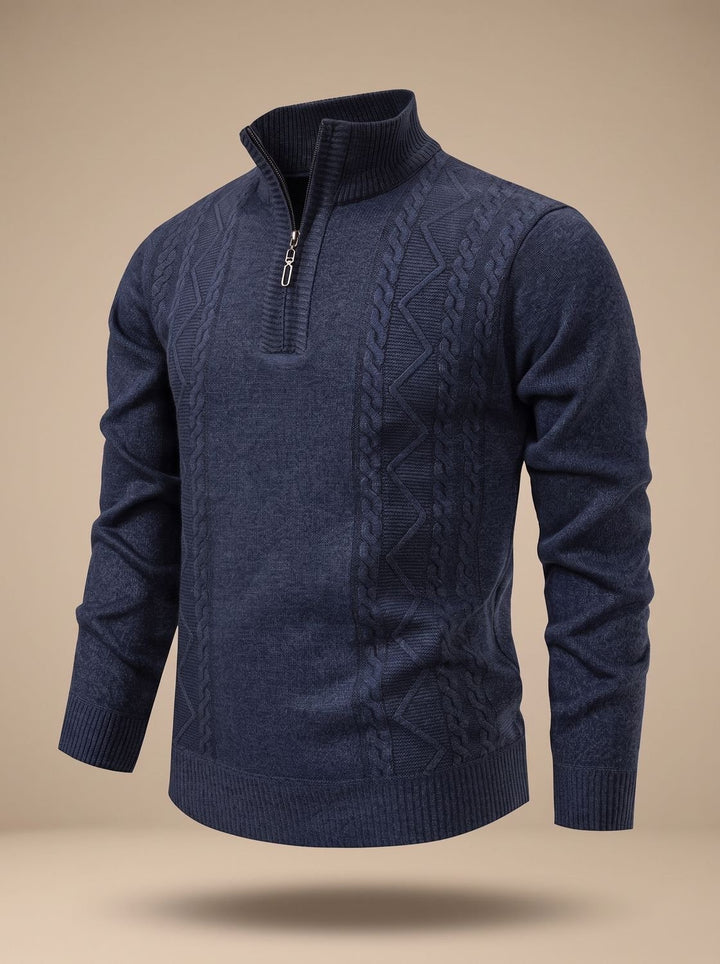 Men's Cable-Knit Quarter-Zip Stand-Collar Pullover Sweater