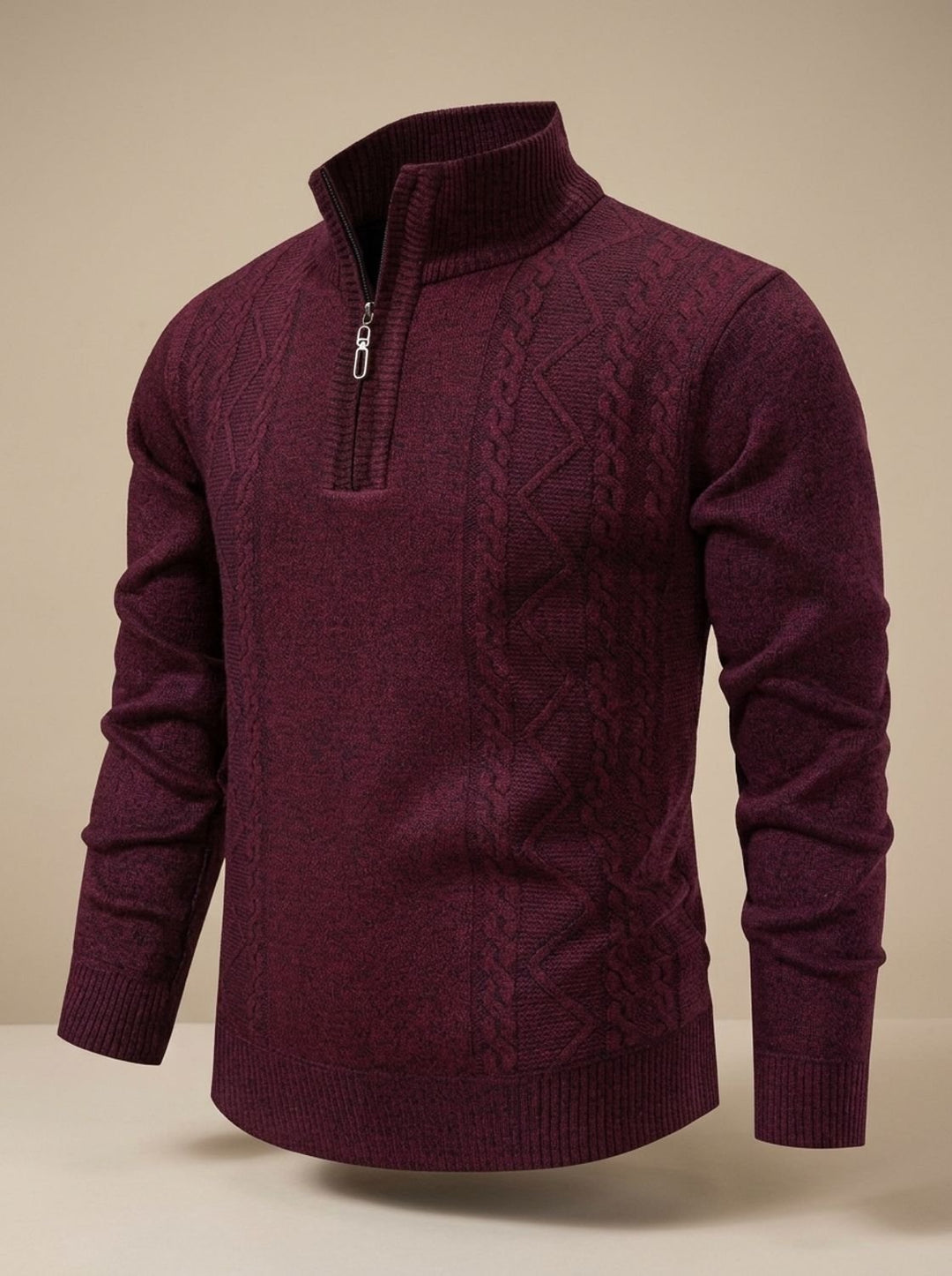 Men's Cable-Knit Quarter-Zip Stand-Collar Pullover Sweater