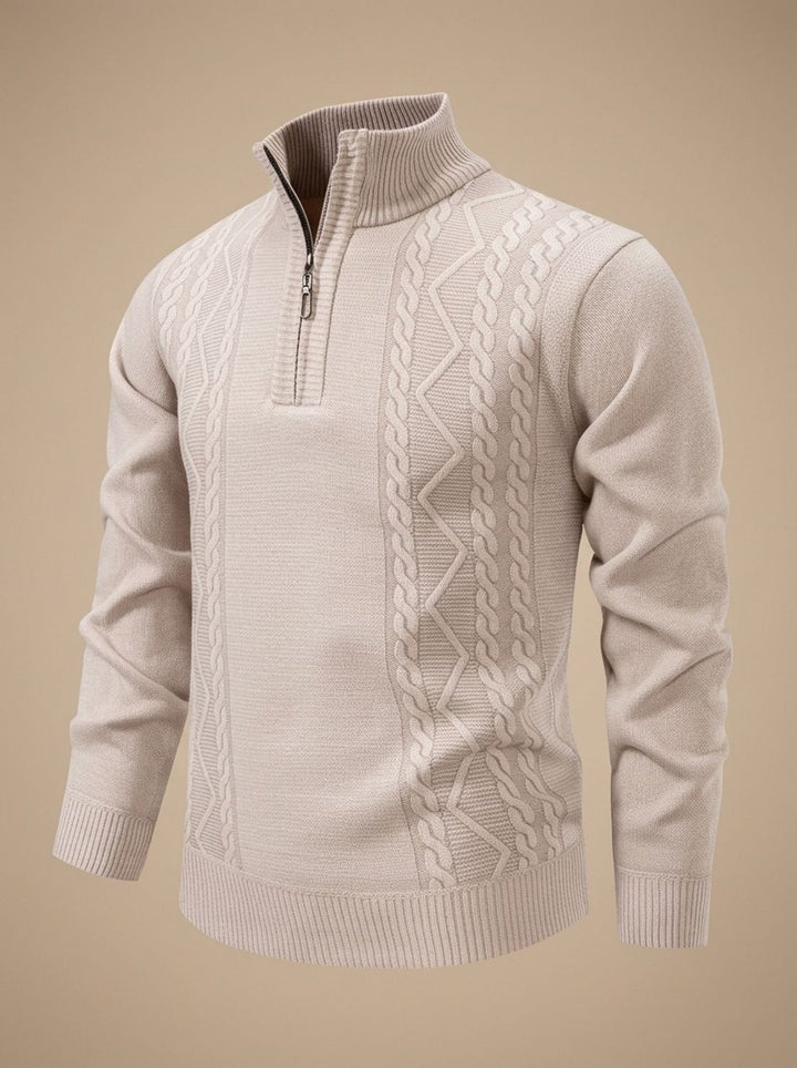 Men's Cable-Knit Quarter-Zip Stand-Collar Pullover Sweater