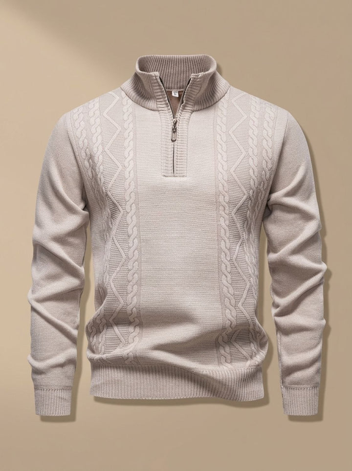 Men's Cable-Knit Quarter-Zip Stand-Collar Pullover Sweater - Beige