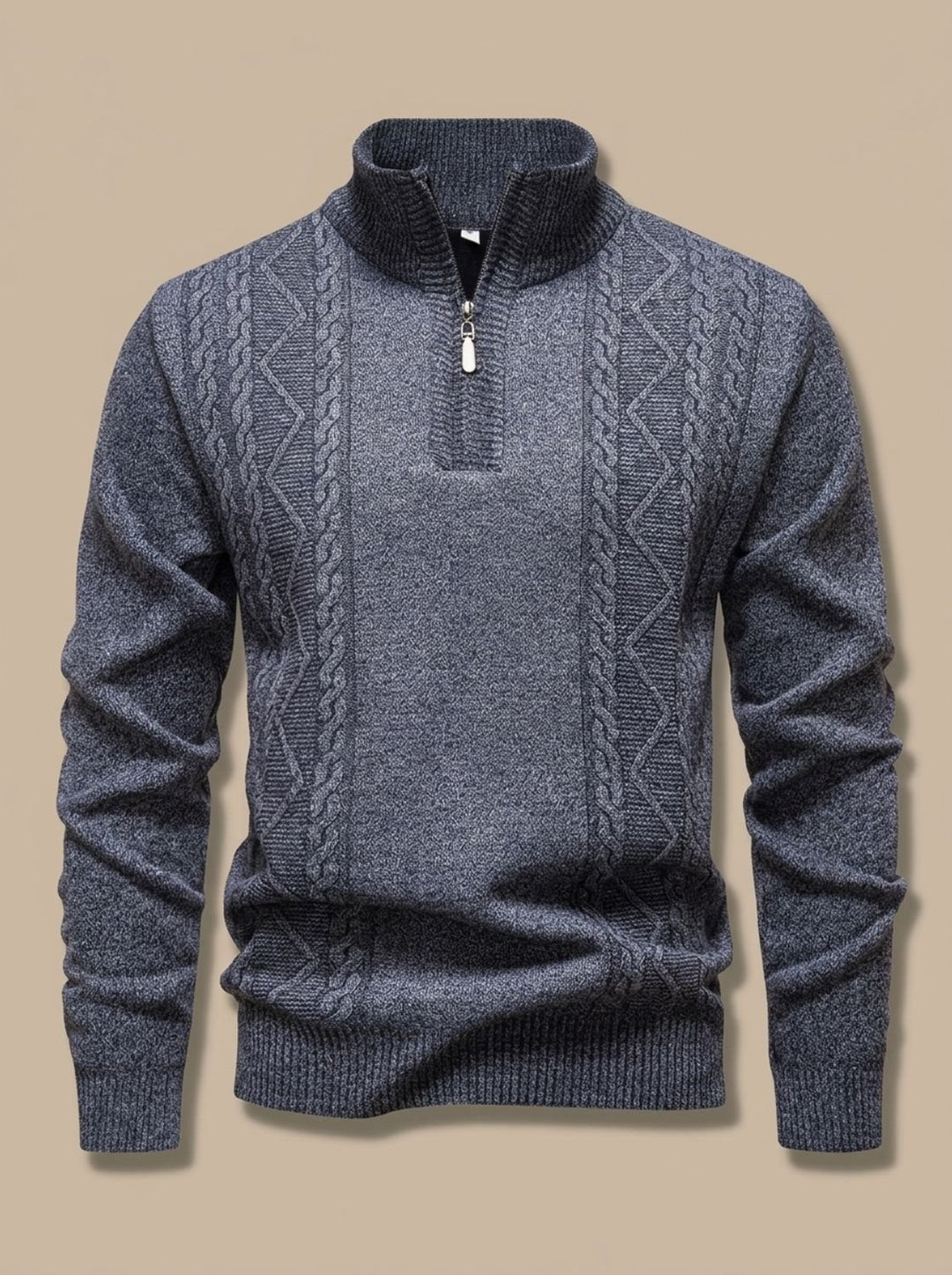 Men's Cable-Knit Quarter-Zip Stand-Collar Pullover Sweater - Light Gray